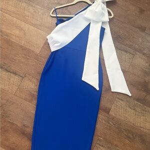 SHEIN Royal Blue and White One-Shoulder Midi Dress with Bow